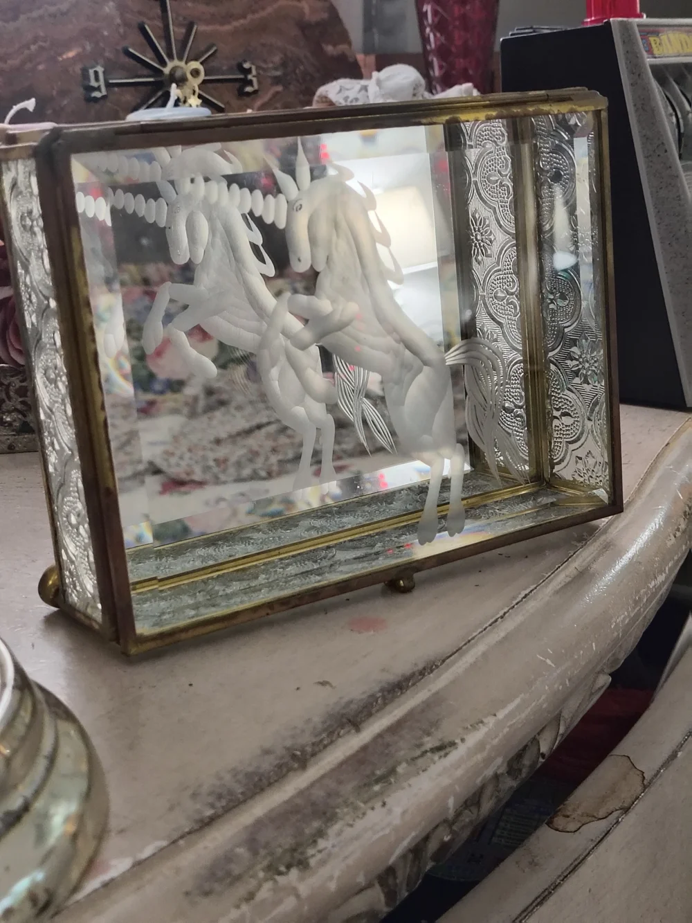 Vintage Brass & Embossed Glass Unicorn Jewelry Box Etched Frosted Glass Trinket